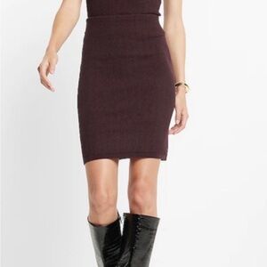 Burgundy High-Waisted Ribbed Sweater Pencil Mini Skirt